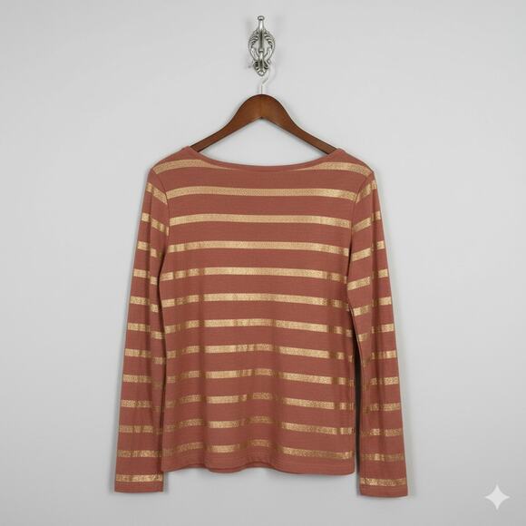 LOFT · Large · Mauve & Rose-Gold Metallic Striped Long Sleeve Shirt · Cotton - Picture 1 of 6